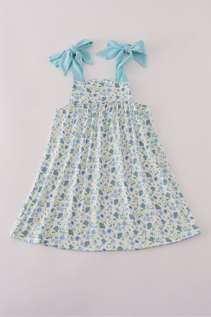 Blue floral print bow dress